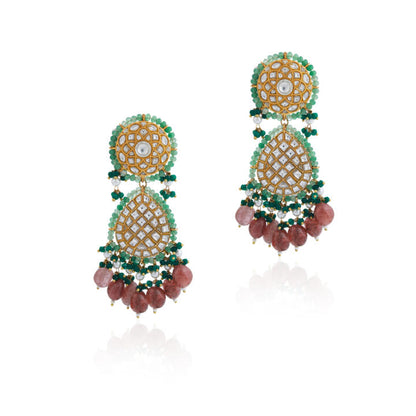 22kt handcrafted natural jadtar stone necklace set with pastel shades and emerald beads