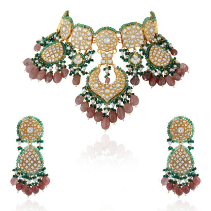 22kt handcrafted natural jadtar stone necklace set with pastel shades and emerald beads