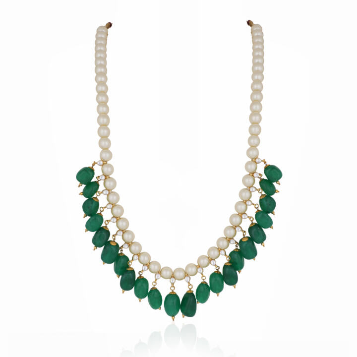 Green Beads With White Pearl Maala