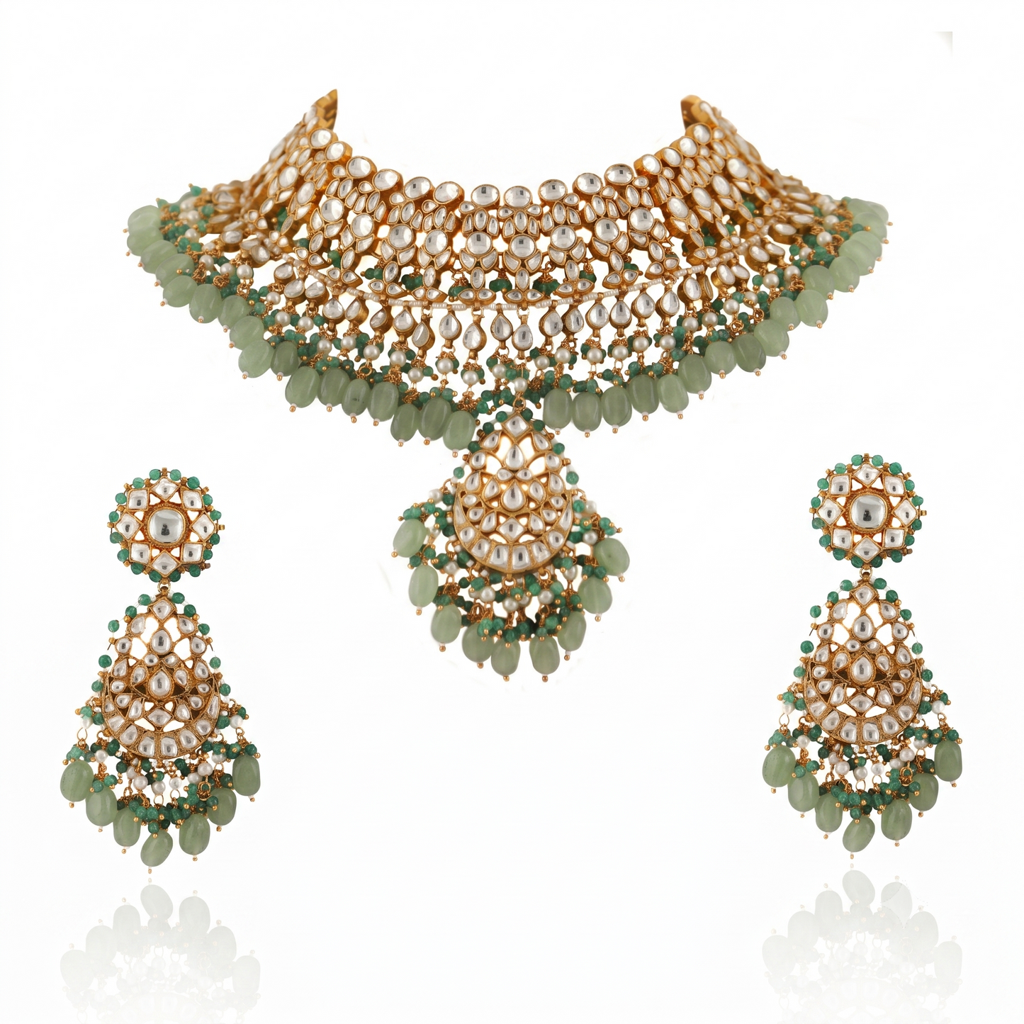 White Jadtar Stone With Pastel Pink & Green Heavy Bridal Necklace Set