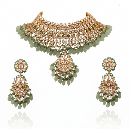 White Jadtar Stone With Pastel Pink & Green Heavy Bridal Necklace Set