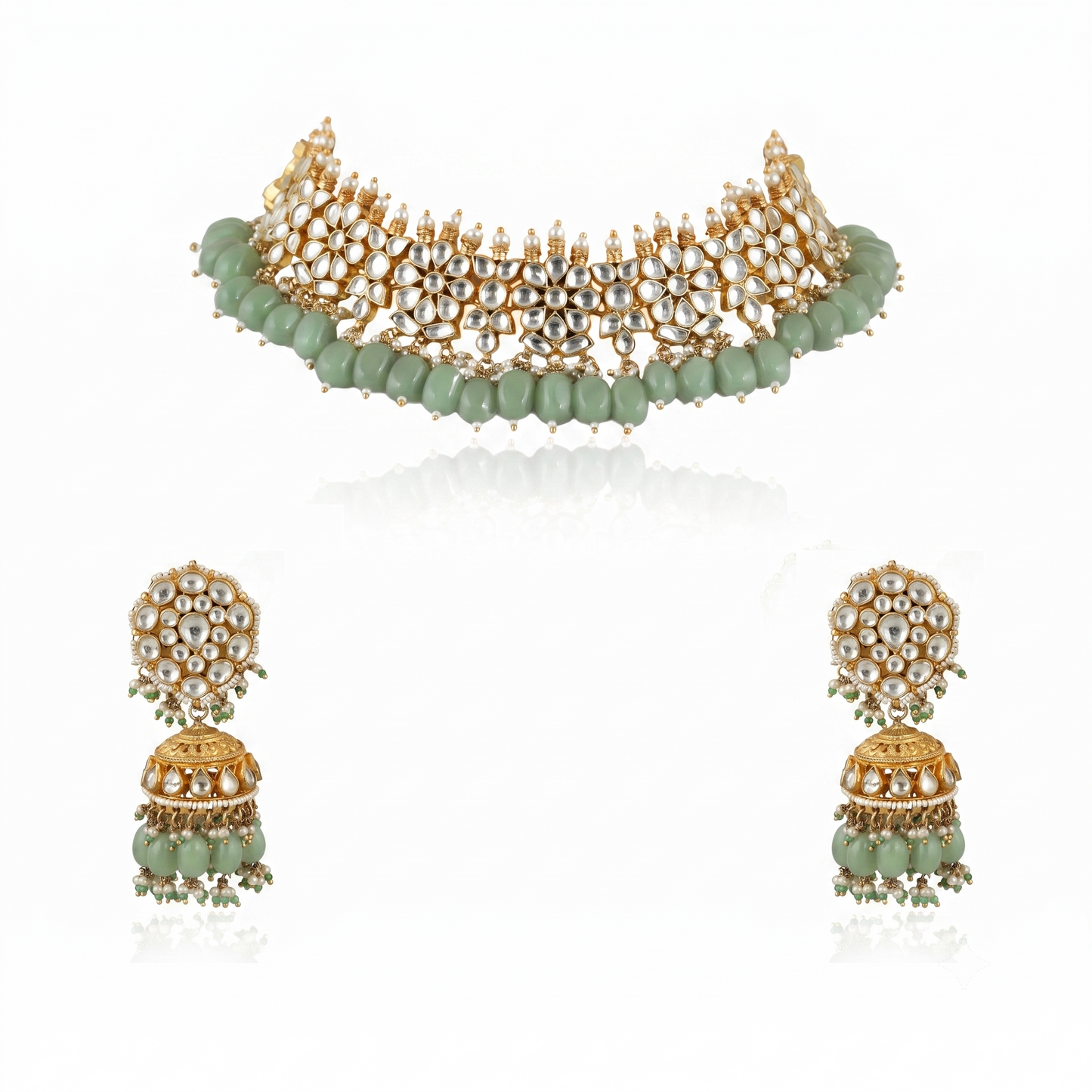 White Flower  Beads White Jadtar Stone Necklace Set