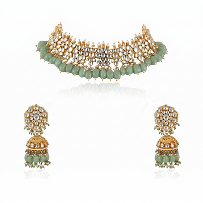 White Flower  Beads White Jadtar Stone Necklace Set