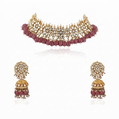 White Flower  Beads White Jadtar Stone Necklace Set