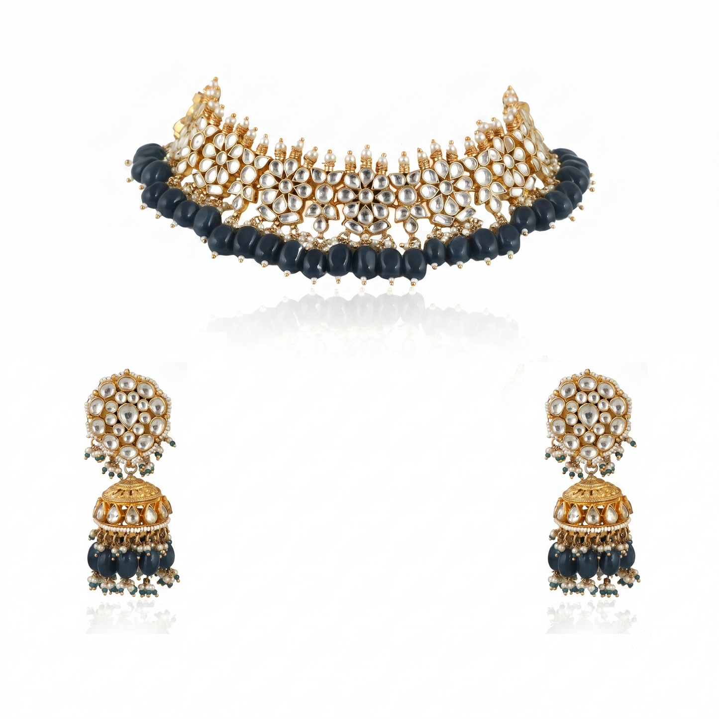 White Flower  Beads White Jadtar Stone Necklace Set