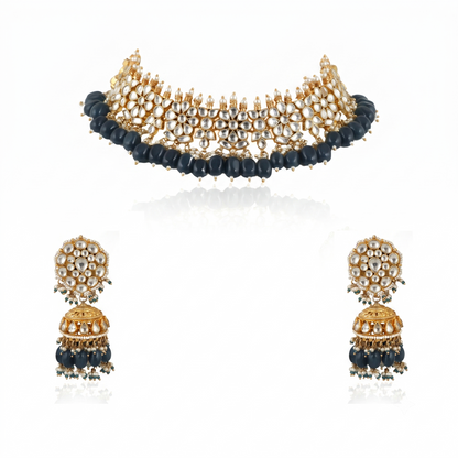 White Flower  Beads White Jadtar Stone Necklace Set