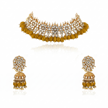 White Flower  Beads White Jadtar Stone Necklace Set
