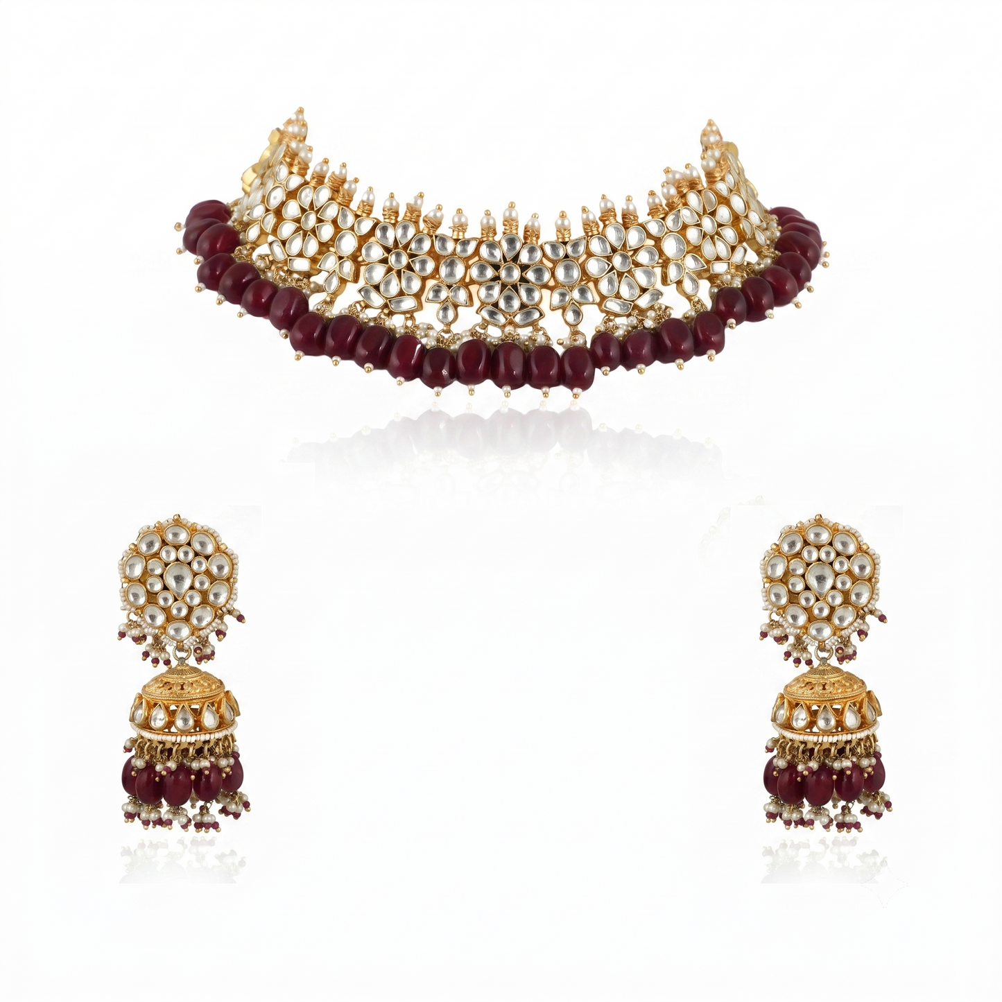 White Flower  Beads White Jadtar Stone Necklace Set