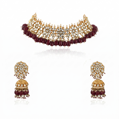 White Flower  Beads White Jadtar Stone Necklace Set