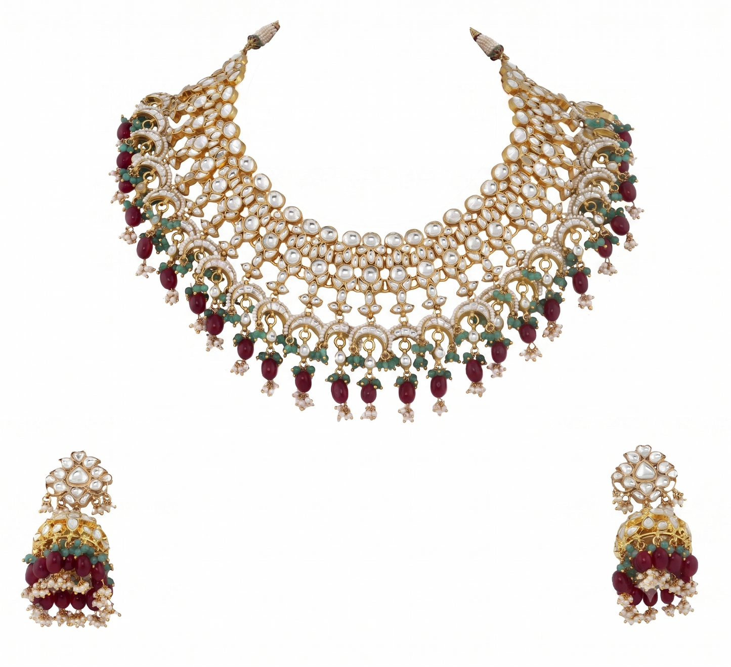 Uniquely Beaded Traditional Necklace Set In Pink And Green Beads