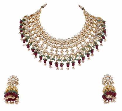 Uniquely Beaded Traditional Necklace Set In Pink And Green Beads