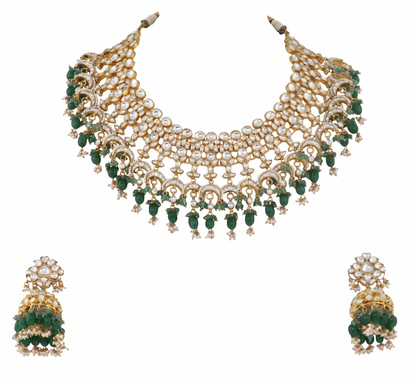 Uniquely Beaded Traditional Necklace Set In Pink And Green Beads