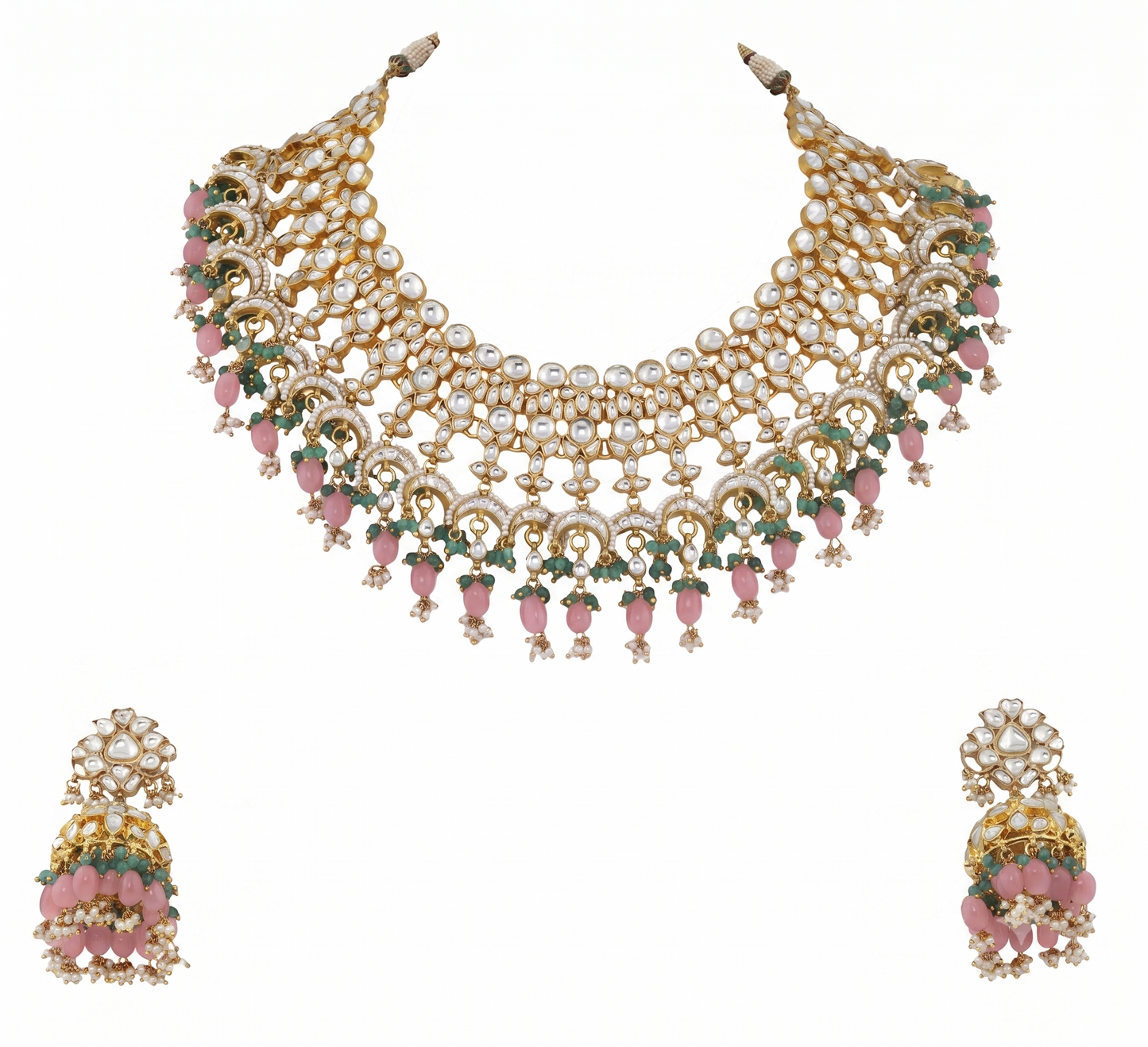 Uniquely Beaded Traditional Necklace Set In Pink And Green Beads