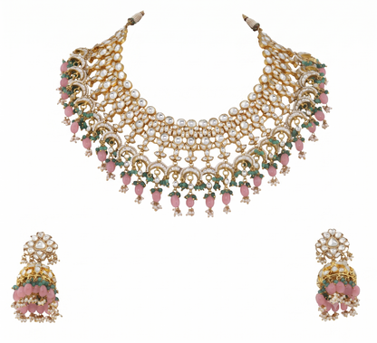 Uniquely Beaded Traditional Necklace Set In Pink And Green Beads