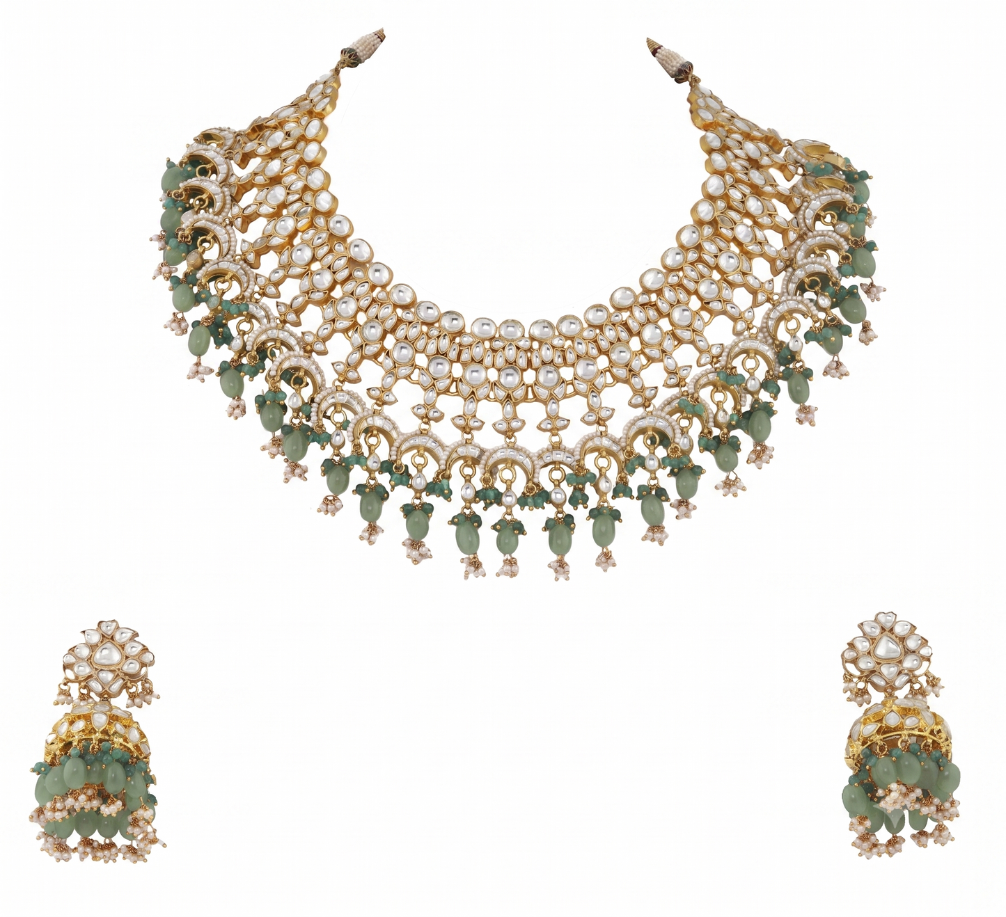 Uniquely Beaded Traditional Necklace Set In Pink And Green Beads