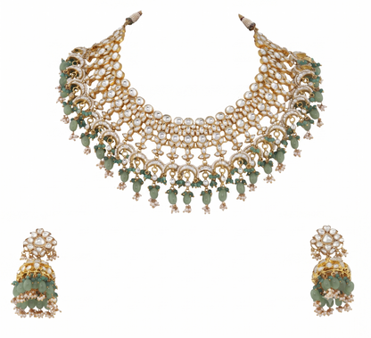 Uniquely Beaded Traditional Necklace Set In Pink And Green Beads
