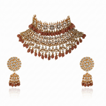 White Jadtar Stone Shlok 2 Line Choker With Jhumki Bridal Set