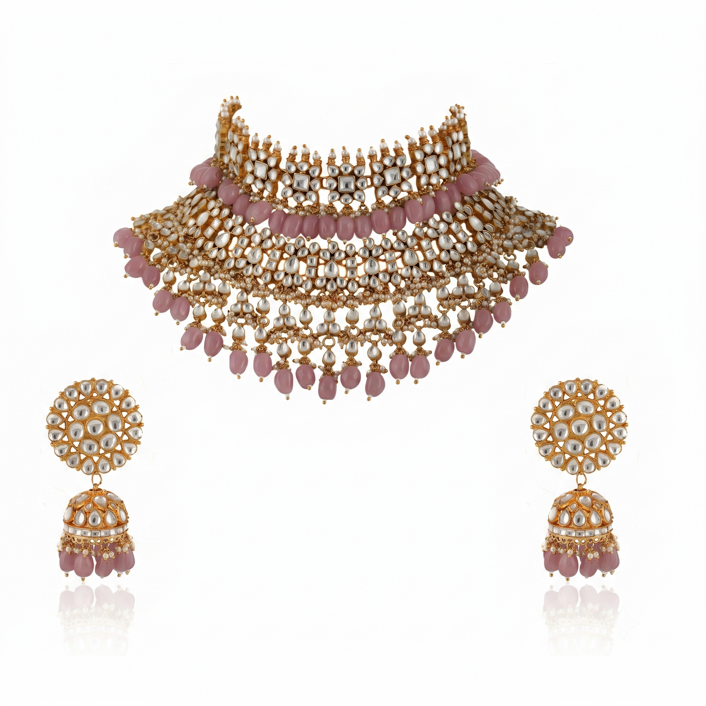 White Jadtar Stone Shlok 2 Line Choker With Jhumki Bridal Set