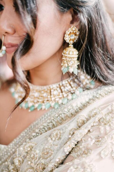 White Jhumki With Pearl And Sea Green Beads