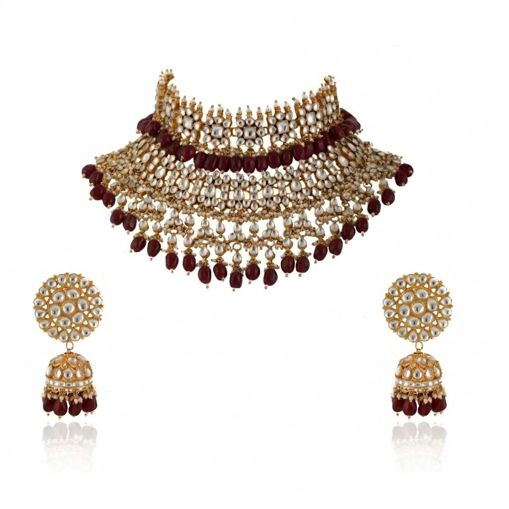 White Jadtar Stone Shlok 2 Line Choker With Jhumki Bridal Set