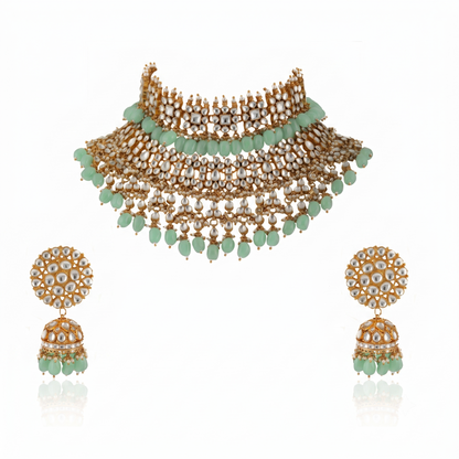 White Jadtar Stone Shlok 2 Line Choker With Jhumki Bridal Set