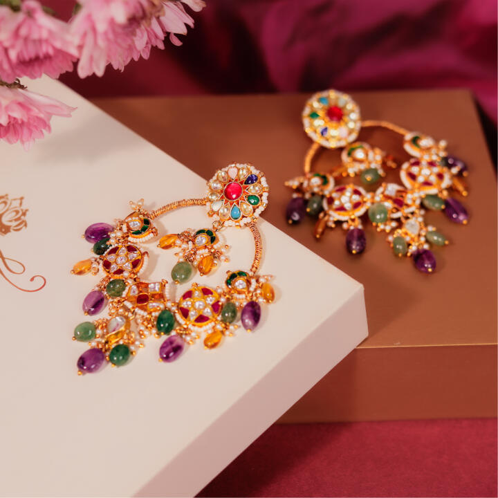 Textured sea green and yellow bead jadtar chandbali earrings