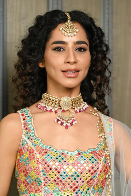 White  Work With Jadtar Stone Pink Beads Necklace Set