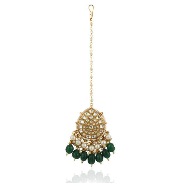 White Pearl With Green Beads  Maangtikka