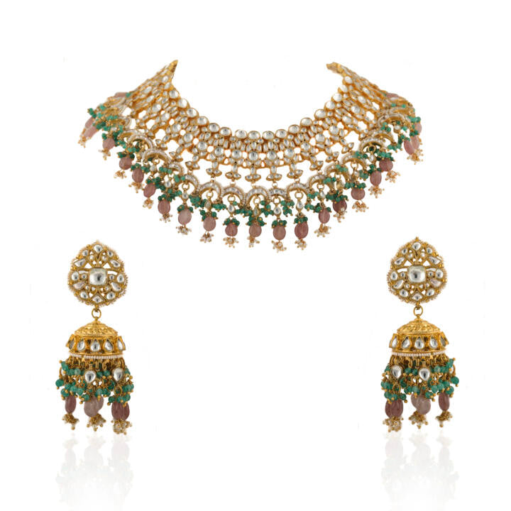 White Jadtar Stone Heavy Bridal Necklace Set Pestalpink Beads And Jhumki