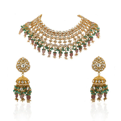 White Jadtar Stone Heavy Bridal Necklace Set Pestalpink Beads And Jhumki