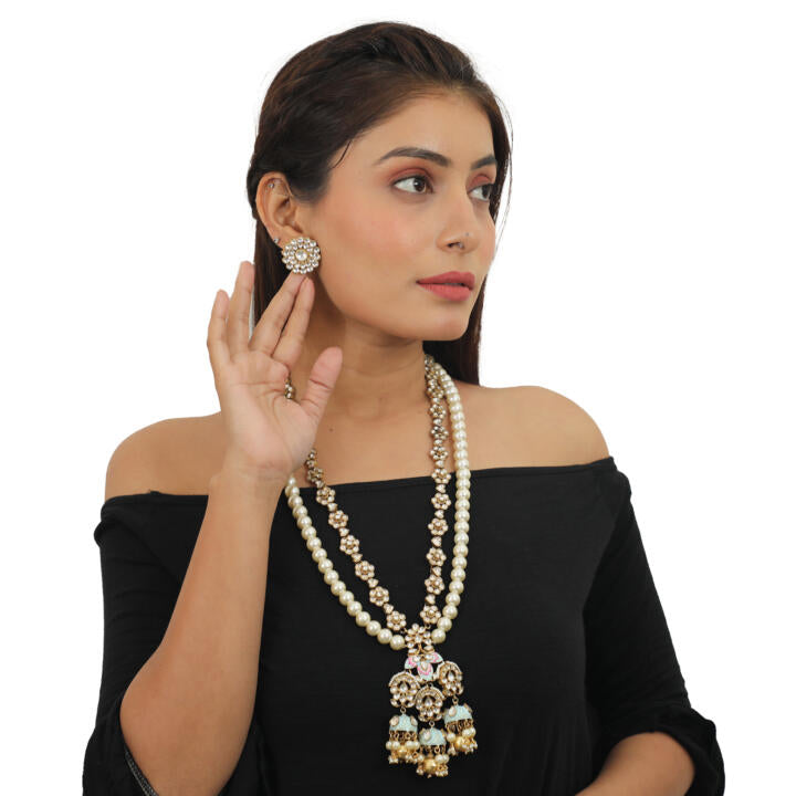 Firozi Meenakari Pendant White  Pearl Line Long Necklace With Studs