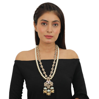 Firozi Meenakari Pendant White  Pearl Line Long Necklace With Studs