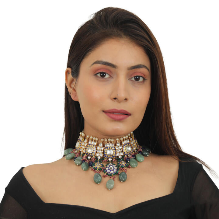 Blue Meena Work Neckalce Set With Sea Green Beads And Light Pink Hangings