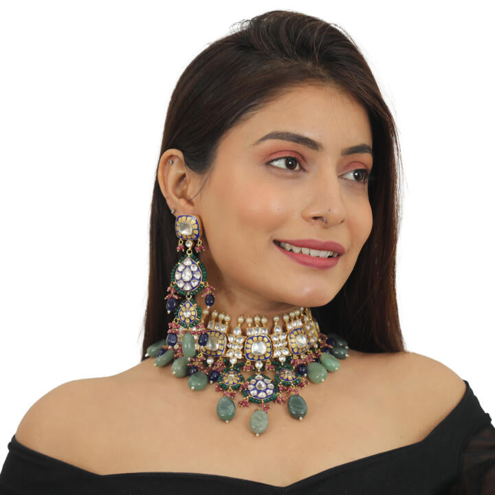 Blue Meena Work Neckalce Set With Sea Green Beads And Light Pink Hangings