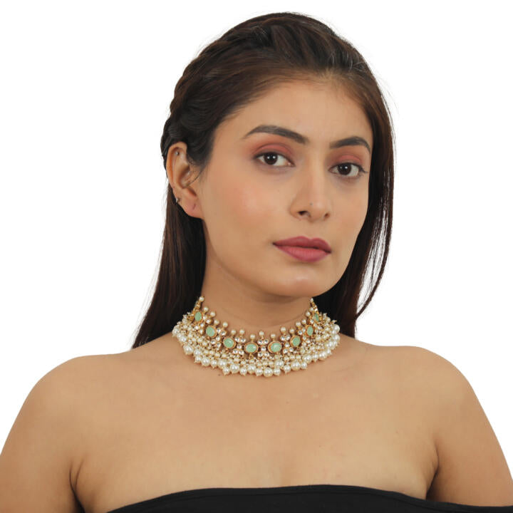 Light Green Choker Set With White Pearl
