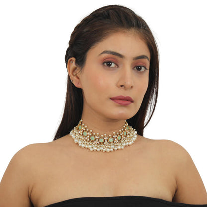 Light Green Choker Set With White Pearl