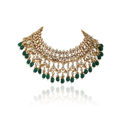 White And Green Jadtar Stone Choker With Jhumki Bridal Set