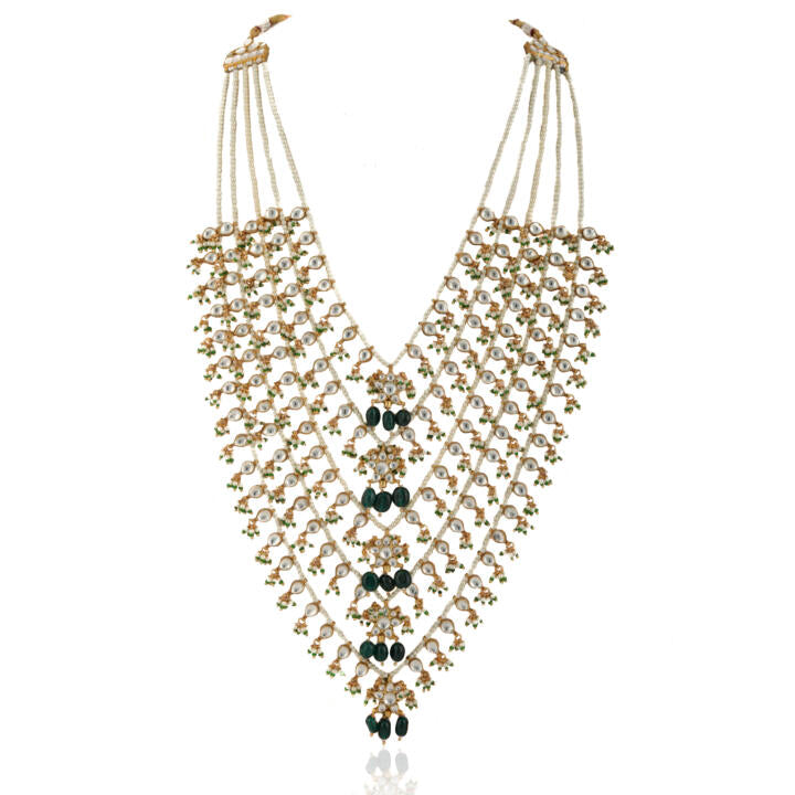 Green And White 5 Line Set Middle Flower Shape On Pearl Strings
