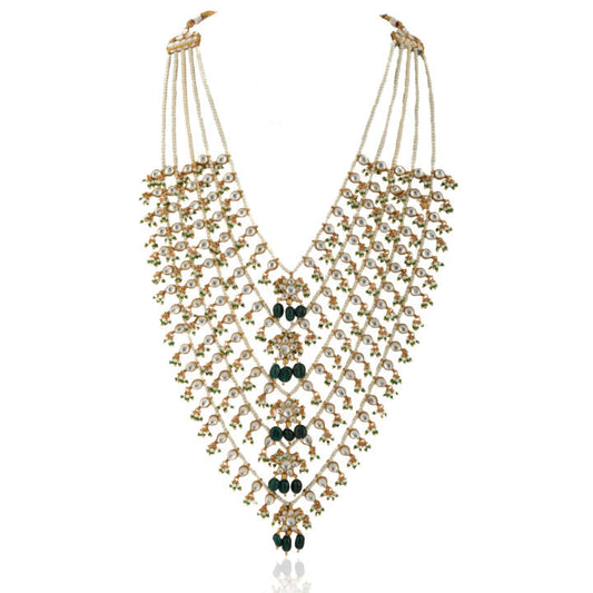 Green And White 5 Line Set Middle Flower Shape On Pearl Strings