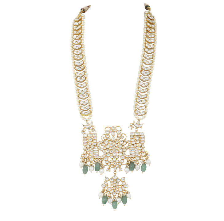 Peacock Pendant With Sea Green Beads And White Pearl Long Maala