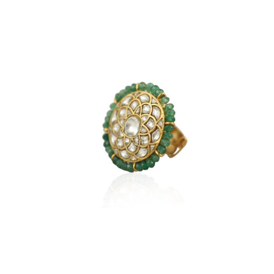 White Stone Round Ring With Sea Green  Small Beads Line