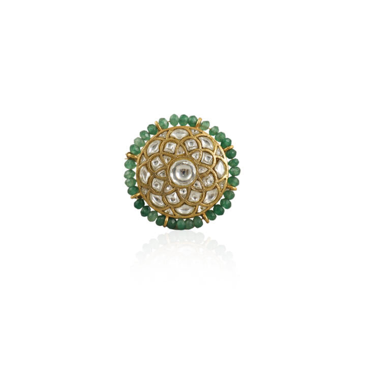 White Stone Round Ring With Sea Green  Small Beads Line