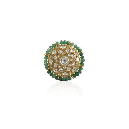White Stone Round Ring With Sea Green  Small Beads Line