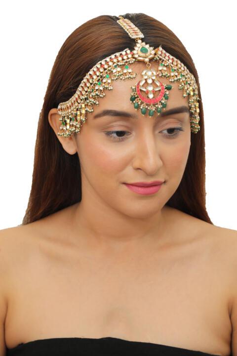 Heavy Mathapatti Studded With White ,Red & Green Jadtar Stone Beaded With Tiny Pearls And Emeralds