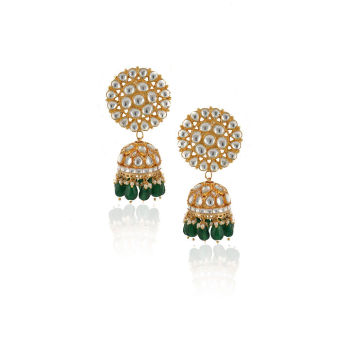 White Jadtar Stone Big Tops With Jhumki In Green Hangings