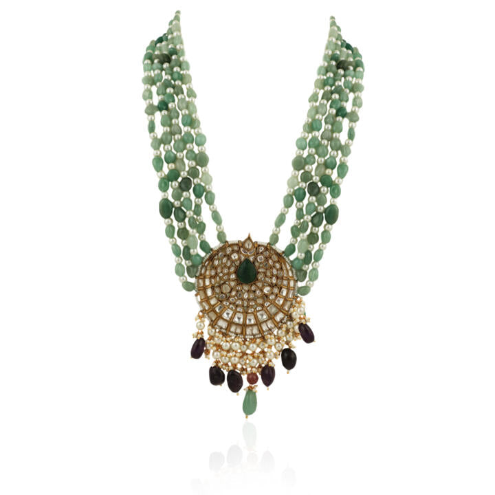 5 Line Sea Green Maala With Purple Pendant