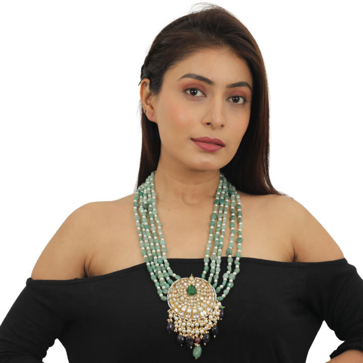 5 Line Sea Green Maala With Purple Pendant