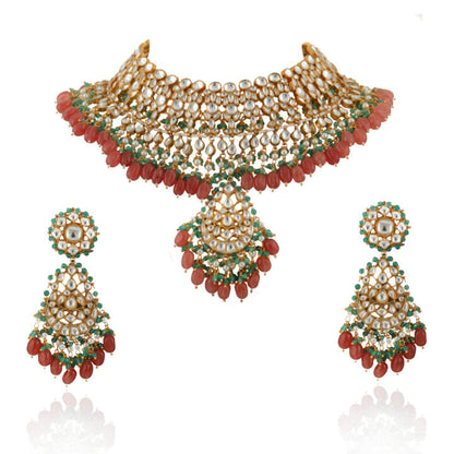 White Jadtar Stone With Pastel Pink & Green Heavy Bridal Necklace Set