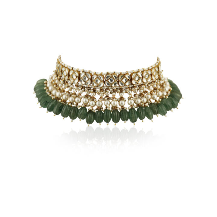 White Jadtar Stone With Sea Green Beads Choker Set