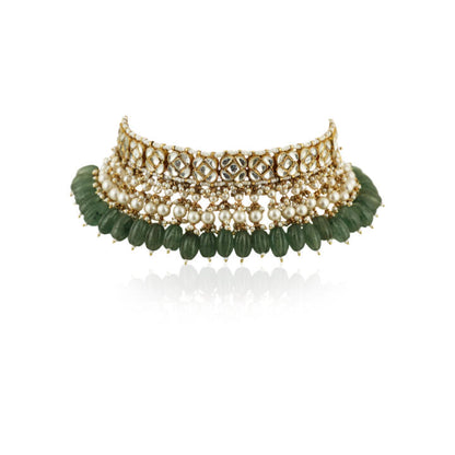 White Jadtar Stone With Sea Green Beads Choker Set